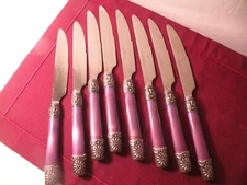 8 Dinner Knives Hampton Silversmith SIZZLE Laurie Gates Purple Pearl 9 1/8"