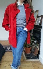 Vintage 80s Escada Longline Blazer Jacket Coat Leather Suede Red Size M L
