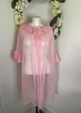 50s Women’s Sheer Nightgown Pink Sheer Robe Vintage Cape Nightgown Dress Medium