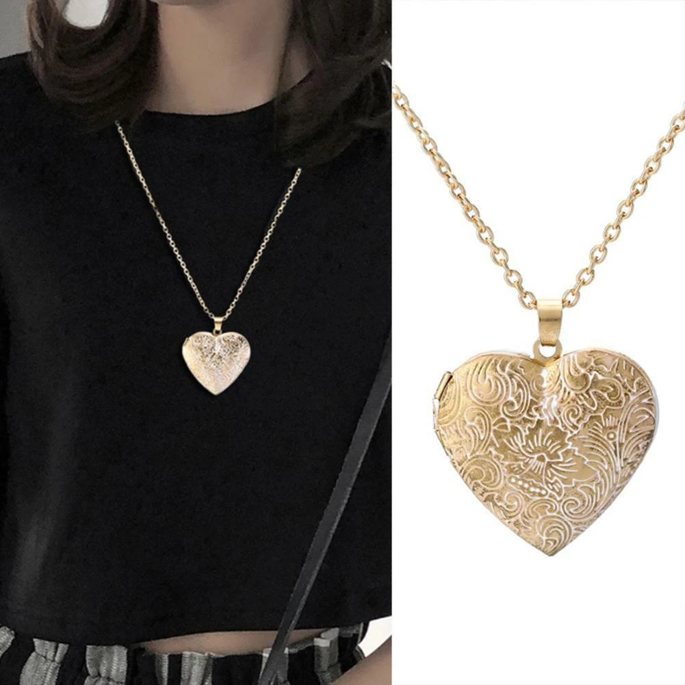 Gold Heart Photo Picture Frame Locket Pendant Chain Necklace Gift Jewely O1Z4