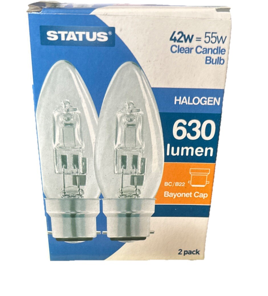 PACK OF 2 STATUS HALOGEN 42W BC CLEAR CANDLE BULB B22 CAP