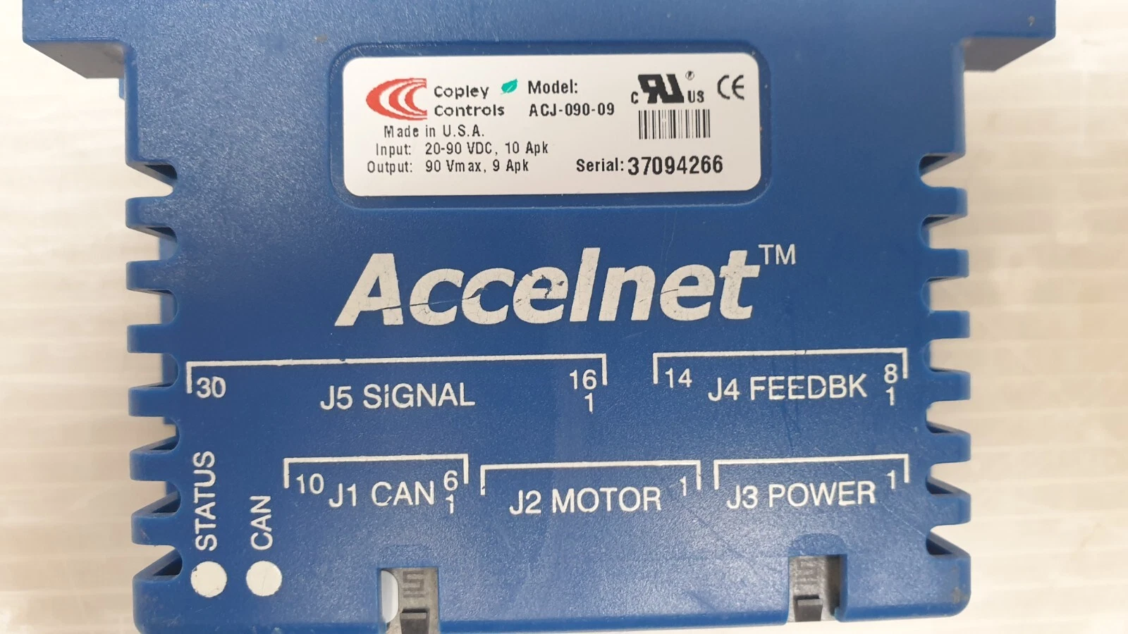 Copley ACJ-090-09 nameplate: input 20-90 VDC 10 Apk, output 90 Vmax 9 Apk