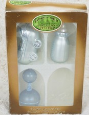 Baby Boy's Blue Blown Glass Box Set Ornaments: Buggy/Stroller Baby Bottle/Rattle