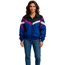 USA Olympic JC Penney Windbreaker Women Med Black/Blue/Pink Jacket Full Zip Vtg