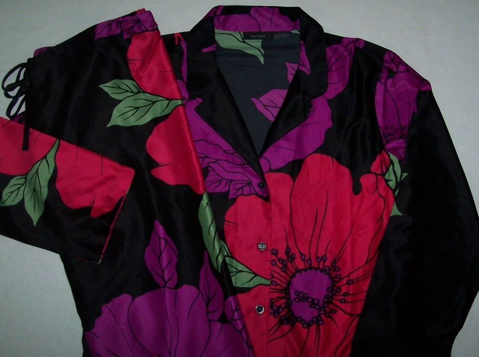 NWT Natori Black/Purple/Red EXOTICA Artsy Floral SATIN Pajama/Lounge Set XL NICE - Image 4 of 4