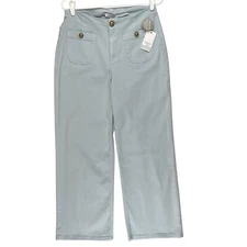 NWT Ophelia Roe Jeans Womens 10 Blue Denim Wide Leg Tulip Pockets Gold Buttons