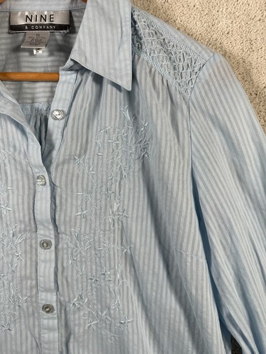 Vintage Nine West Blouse Top Size 10 Y2K Blue Button Down Ruffle Wrists Striped - Picture 9 of 10
