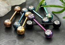 PAIR Titanium Anodized Double Clear Gem Nipple Rings Barbells 14g 9/16" (14mm)