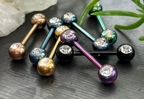 PAIR Titanium Anodized Double Clear Gem Nipple Rings Barbells 14g 9/16" (14mm) - 第 1/10 張圖片