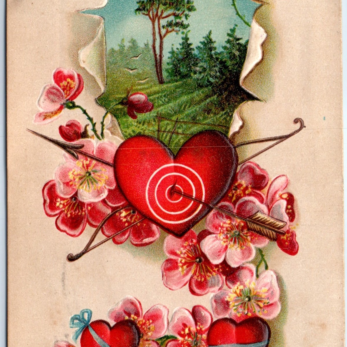 1909 To My Valentine Embossed Quality Bow Arrow Heart Flower