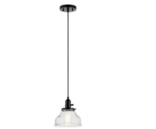 KICHLER Avery 8" 1-Light Black Farmhouse Bell Pendant Clear Seeded Glass