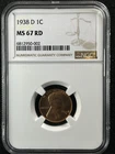 1938-D  1C RD Lincoln Wheat One Cent NGC MS67RD   6812950-002