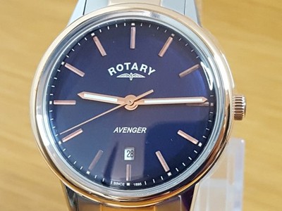 Herren Bi-Colour Armband Classic Rotary Avenger Gents Midnight Blue Date Uhr