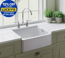 Rangemaster Farmhouse Belfast Kitchen Sink Single Bowl Ceramic White FREE Waste