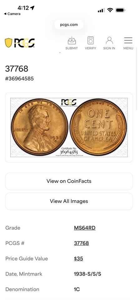 1938 S/S/S PCGS MS64RD RPM FS-502 (016,5) Foto 2 de 2