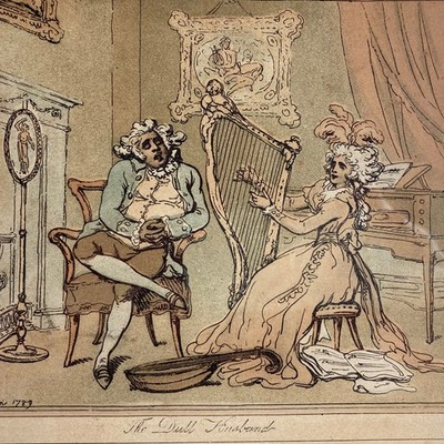 THOMAS ROWLANDSON, THE DULL HUSBAND, ORIGINAL 18th C ANTIQUE LITHOGRAPH CARTOON