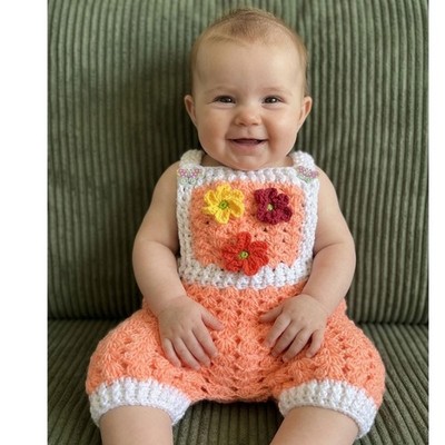 Hand Crocheted 0-4 mths Baby Floral Peach Romper Dress L-16''