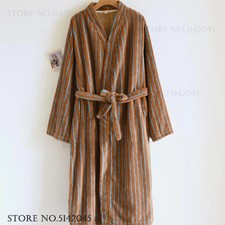 Women's Winter Thick Coral Fleece Striped Kimono Bathrobe Loose Warm Sleepwear