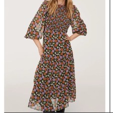MANGO Margot Smocked Floral Midi Dress Womens Size 2 Prairie Boho Cottagecore