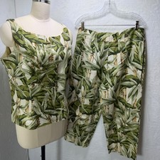 Alfred Dunner Womens 14 NWT 2 Piece Tropical Bamboo Beaded Top  Pants Set Green