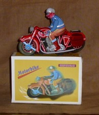 Motorradfahrer-Blech-13cm-Originalkarton-Aufziehmech.-sehr guter Zustand