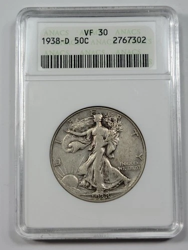1938 D 50c Walking Liberty Half Dollar ANACS VF30 Old Soapbox Holder *M253
