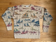 Vintage Tricots St Raphael Sweater Mens Large Nautical All Over Print