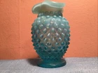 Fenton Blue Opalescent Glass Hobnail Bud Vase Ruffled Rim 3¾" Vintage Fast Ship