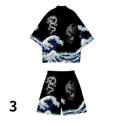 Japanese Men Kimono Coat Top Shorts Japanese Wave Fish Dragon Printed Outwear