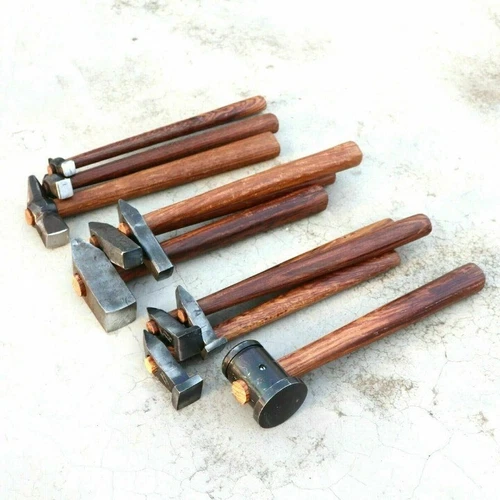 Set of 10 Black Iron Hammer Blacksmith Wooden Handle Heavy Duty Forging Tools