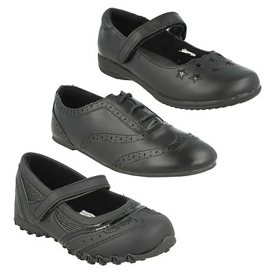 GIRLS G2G FLAT BROGUE LACE UP RIPTAPE STRAP STAR PLAIN BLACK SMART SCHOOL SHOES
