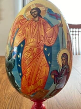 Large Vintage Wooden Hand Painted Lacquered Egg with God Almighty on stand. 9"
