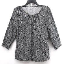 Notations Shirt Womens Large Black Keyhole Neck 3/4 Sleeve Pullover Blouse Top