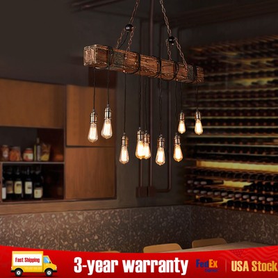 Rustic Industrial 10 Edison Bulb Chandelier Farmhouse Wood Island Pendant Light