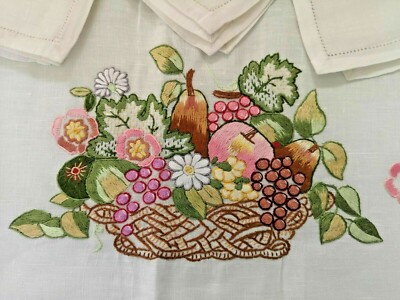 Spektakuläre Tischdecke x12 reines Leinen Stickerei Vollstich Obst alles von Hand