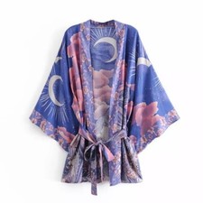 Moonlight Floral Print Kimono Robe Purple