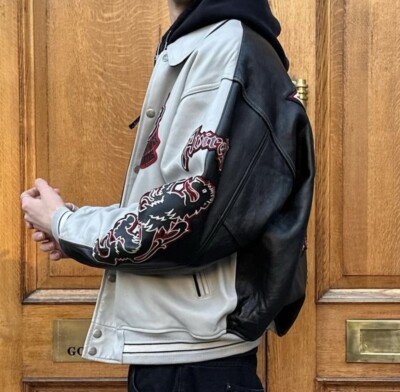 Super Rare Black And Grey Split Leather Jacket New York Double