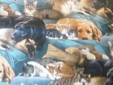 Real Dogs Cats Resting Together Cotton Fabric -15 INCHES WIDE 36 INCHES LONG