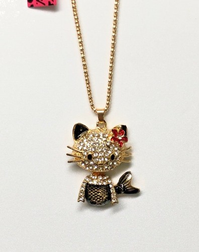 Betsey Johnson Necklace Hello Kitty Gold Black Crystals Enamel Gift Box Bag  - Afbeelding 1 van 12