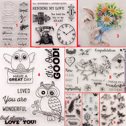Happy Birds Transparent Silicone Clear Stamps DIY Scrapbook Art Owl Clock Rabbit - Photo 1 sur 42
