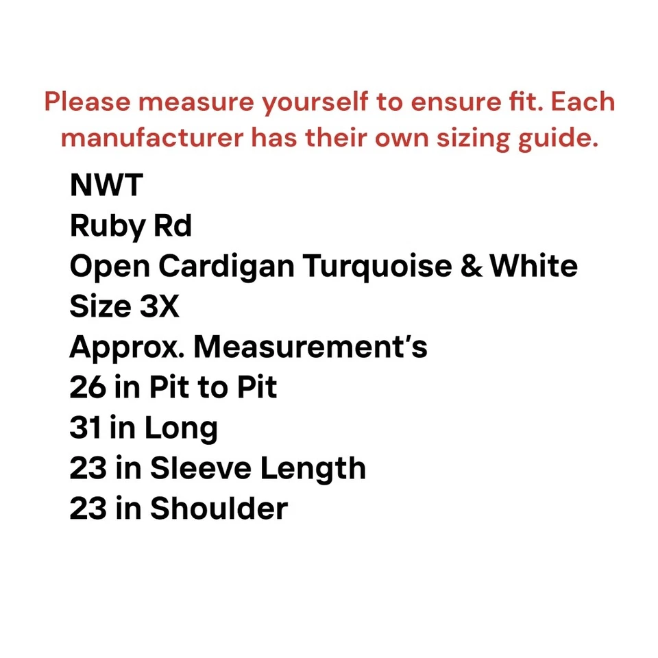 NWT Ruby Rd Cardigan Women's SZ 3X Open  Turquoise &White Fringe Hem Long Sleeve - Image 3 of 4