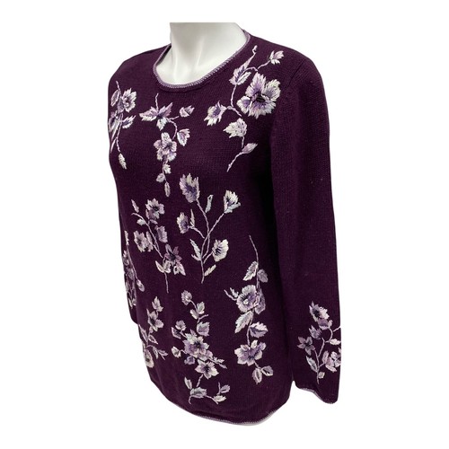 Worthington Sweater Womens Small VTG Purple Crewel Floral Stitching Cottagecore - Picture 9 of 12