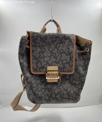 Authentic Tous Womens Brown Black Animal Print Leather Top Handle Backpack