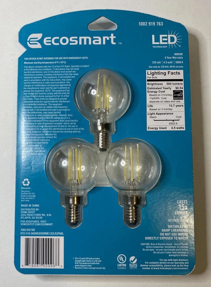 EcoSmart 60W G16.5 Globe Dimmable Candelabra Base Daylight NEW 500 Lumens 3 Pack - Image 2 of 2