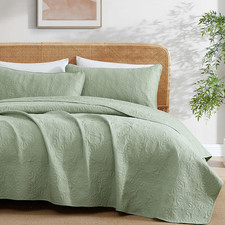 Benji - Sage Green Bedspreads Queen Size Quilt Set, Lightweight Summer Comforter