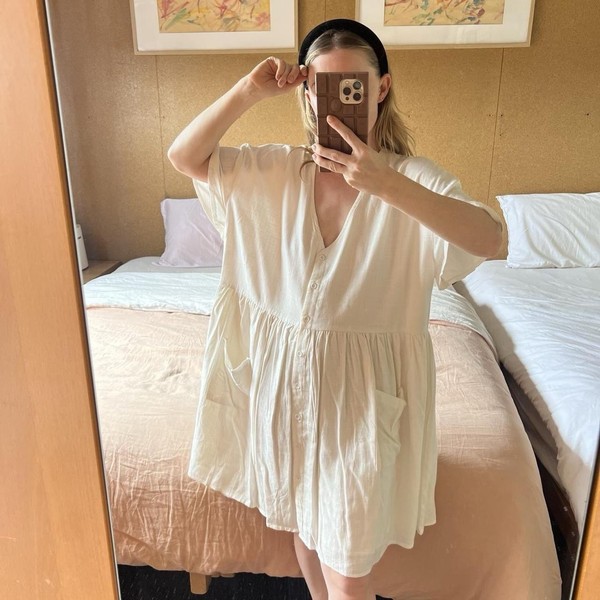 Grace Co Cream Linen Blend Babydoll Dress SM Oversized Smock Pockets Prairie