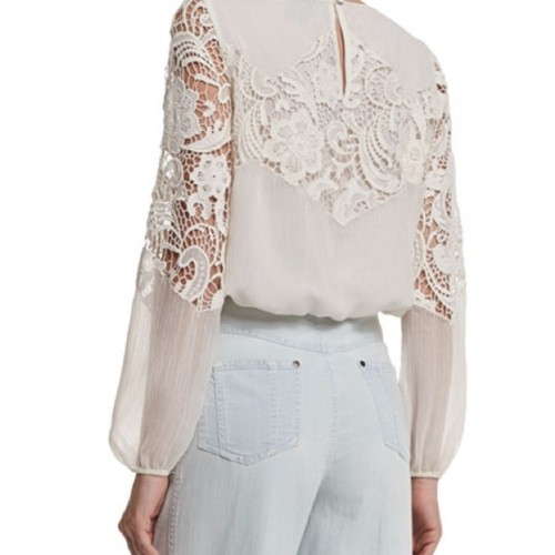 Alice+Olivia crochet Blouse top Womens Medium white long bishop sleeve crew - Picture 2 of 13