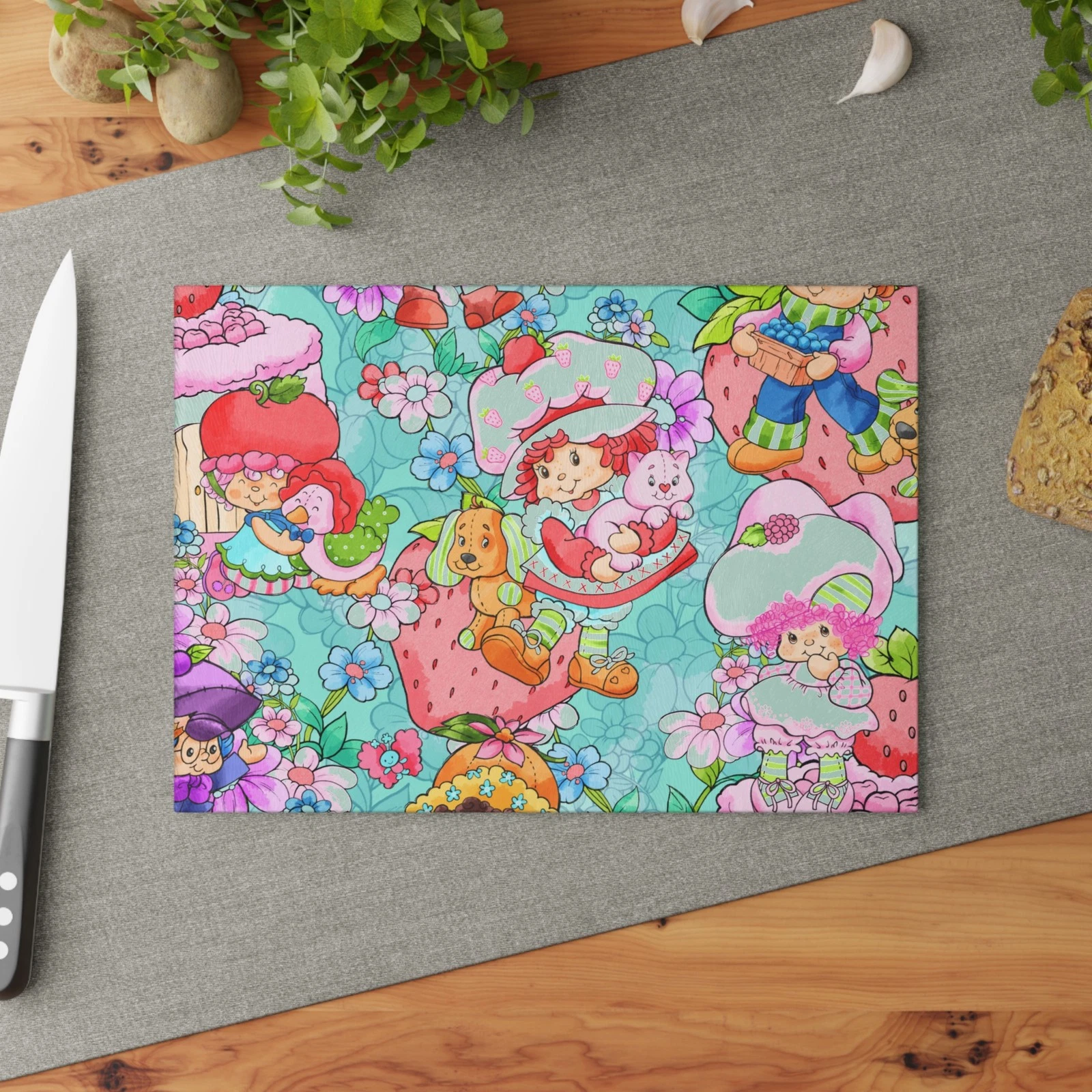 Strawberry Shortcake Pattern Glass Cutting Board | Cute Retro Characters
