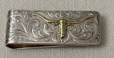 Vintage Old Mexico Longhorn Hand Engraved Money Clip Silver Gold Tone Vogt Style