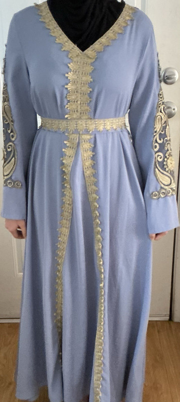 Women’s Blue & Gold Satin Kaftan Dress, Embroidered Gold Trim Belt, One Size